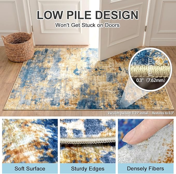 Washable Area Rug for Home Office Under Desk, 5'x7', Navy & Gold | 0.3" Low Pile Abstract Rug, 100% Cotton-Backed, Non-Slip Silicone Backing, Stain & Water Resistant, Pet & Kid Friendly