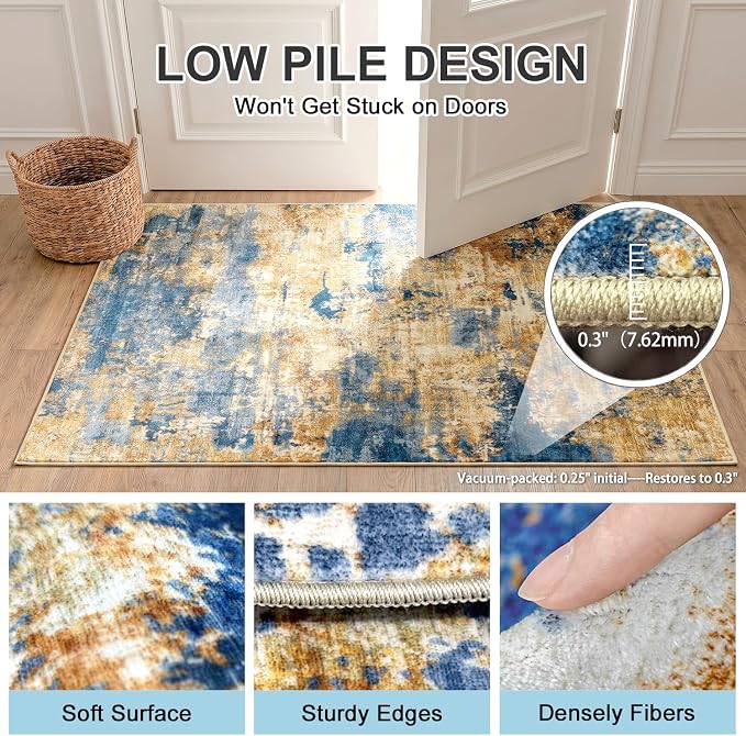 Washable Area Rug, Abstract Navy & Gold, for Entryway, 3'x5' | Stain Resistant, Ultra Soft, Low Pile, Non-Slip, 100% Cotton-Backed with Silicone Backing, Pet & Kid Friendly, Foldable