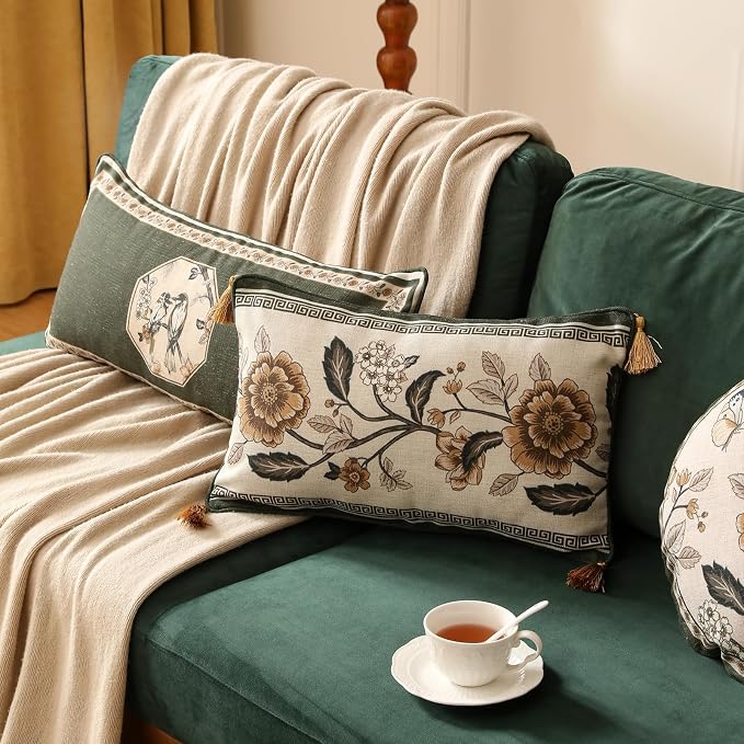 ISAENNE Designer Elegant Linen Throw Pillow Cover,Set of 4-Murad ACDE | French Cottage Pillow Cover,Concealed Zipper,Floral Pattern,Sofas,Bedroom,Living Room,Lounge Chairs,All Season Home Decor