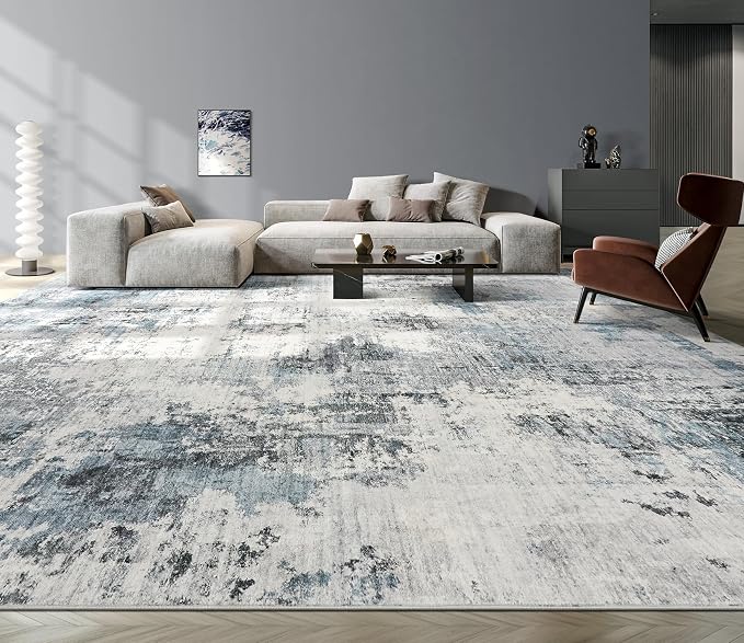 Abstract 12x15 Area Rug: Machine Washable Non Slip Ultra Thin Low-Pile Carpet, Soft Stain Resistant for Living Room Bedroom Office, Kid Pet Friendly, Robot Vacuum Compatible - Grey Blue