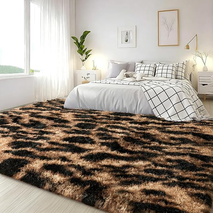 Large Area Rugs for Living Room Bedroom 5x7 Leopard Fluffy Shag Rugs | Ultra Soft Cheetah Shaggy Plush Fuzzy Modern Indoor Throw Floor Carpet for Kids Girls Boys Dorm Nursery Home Decor Aesthetic