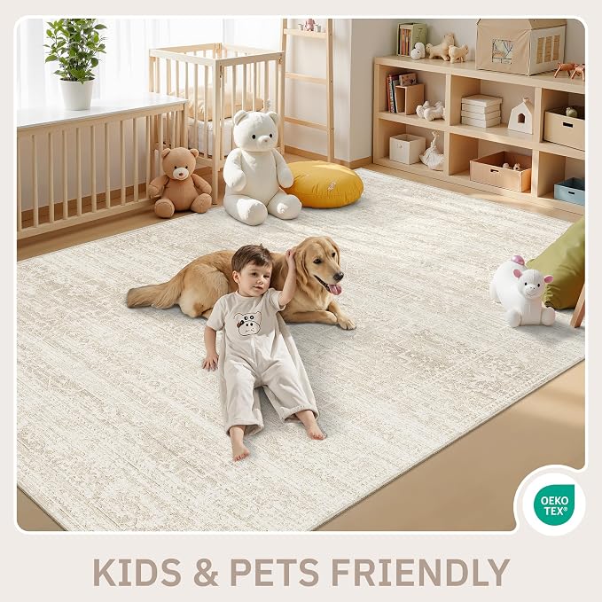 Soalmost Living Room 10x14 Area Rugs, Washable Soft Rug Beige/Cream | Low Pile Non-Slip Stain Resistant Extra Large Thin Rug, Vintage Throw Carpet for Dining Room Bedroom Farmhouse Home Office
