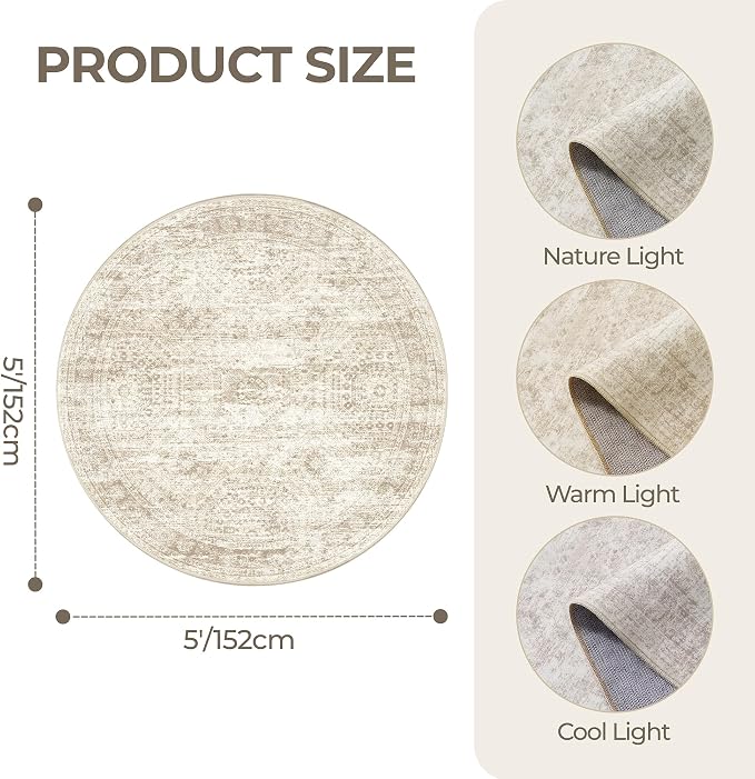 Round Rug 5ft,Circle Rug for Dining Room Table,Beige | Washable Rugs for Kitchen,Entryway,Bedroom,Dining Room,Nursery Room,Thin,Soft Runner Rug,Stain Resistant Indoor Carpet