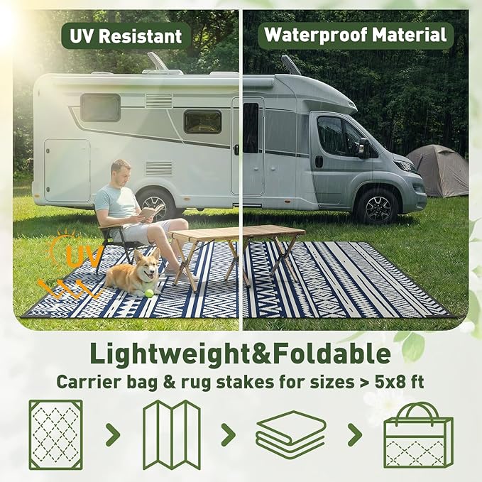 MontVoo-Outdoor Rug Carpet Waterproof 5x8 ft Reversible Patio Rug RV Camping Rug-Plastic Straw Rug Outside Indoor Outdoor Area Rug for Patio Deck Balcony Picnic Beach Outdoor Decor Boho Navy Blue