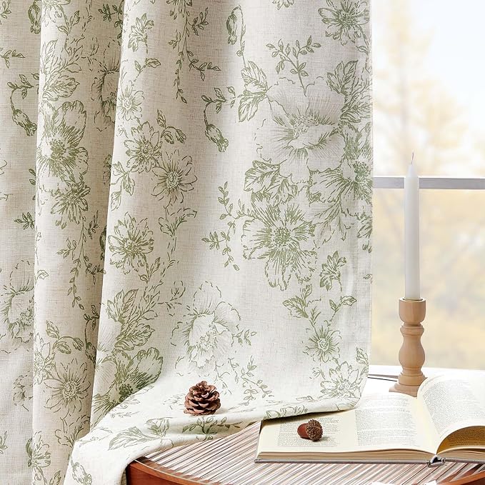 jinchan Green Floral Linen Blackout Curtains 84 Inch Back Tab 2 Panels | Blackout lining, room darkening drapes, farmhouse, vintage, cottagecore, rustic, bedroom, living room, window treatment