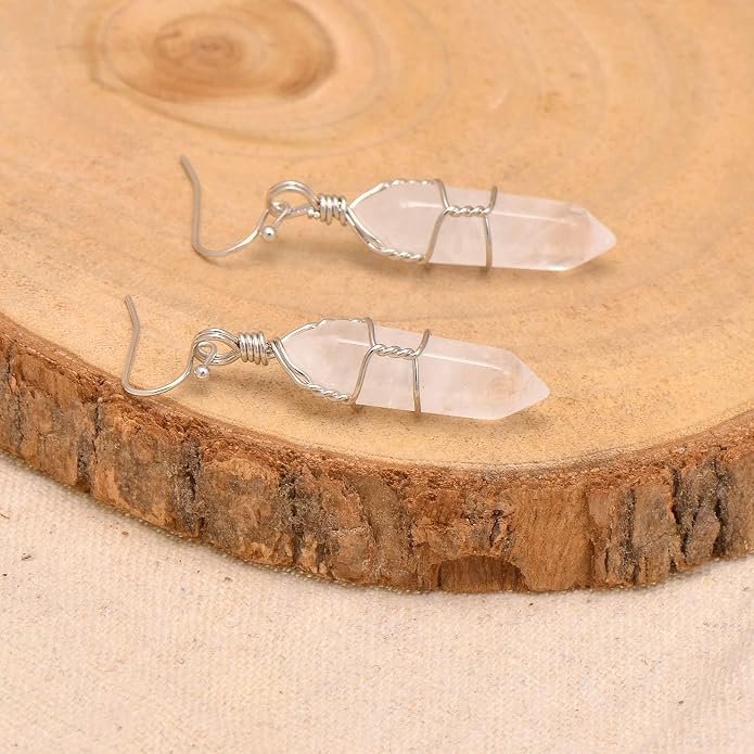 Polished Stone Wire Wrapped Point Crystal Earrings for Women Reiki Energy Healing