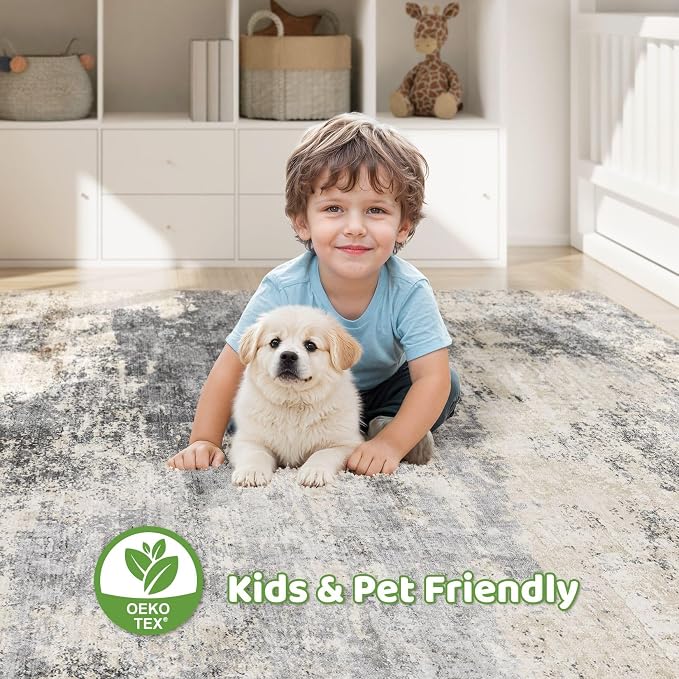 7x10 Area Rugs Living Room: Washable Large Abstract Modern Soft Rug Stain Resistant Indoor Floor Non Slip Accent Carpet for Bedroom Nursery Playroom Dining Room Office Dorm Home House- Grey Brown