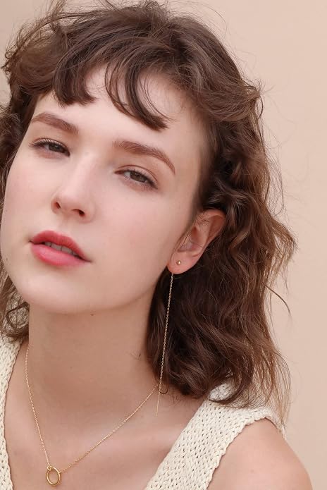 S.Leaf Threader Earrings for Women 925 Sterling Silver Gold Plated Hypoallergenic Backless Ardant Chain Duster Tassel Drop Double Piercing Pull Through Earrings for Women Trendy