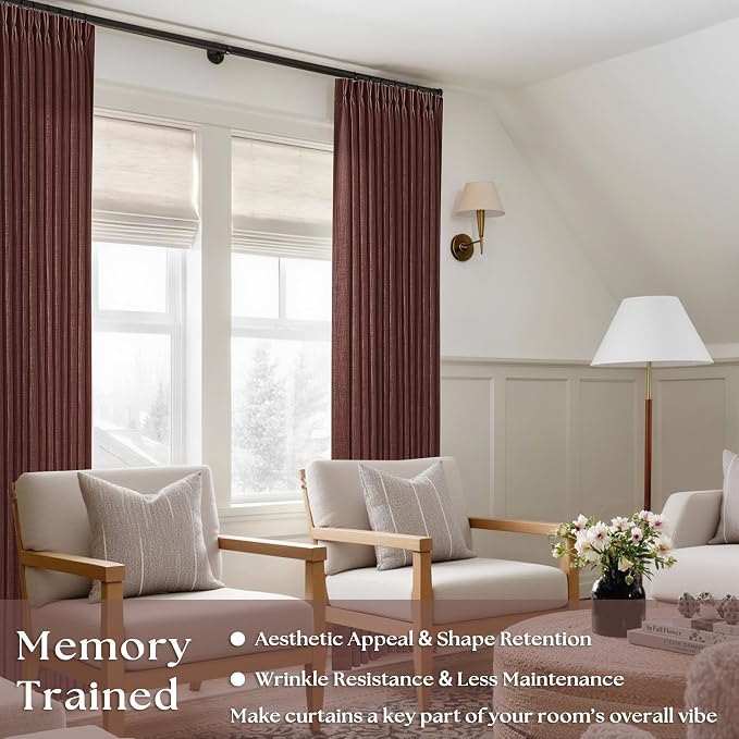 Chestnut Brown Pinch Pleated Linen Sheer Curtains 45 Inch Length 2 Panels | for Kitchen Small Bay Window Basement, Pinch Pleated with Hooks Rings Back Tab, Memory Shape, Thick Linen Semi Sheer, W40xL45