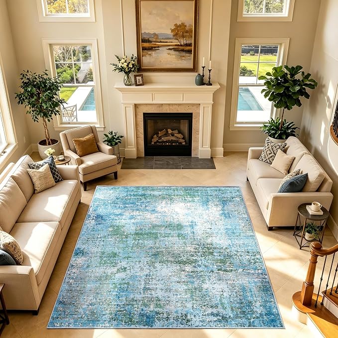 9x12 Area Rugs Living Room Rug Abstract Washable Rug Non-Slip Soft Low Pile Indoor Floor Stain Resistant Thin Carpet for Bedroom Dining Room Home Office Farmhouse Nursery - Dusty Blue & Cream 9' x 12'