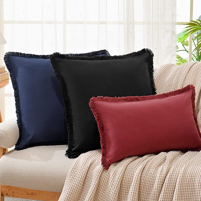 ZWJD Pillow Covers 20x20 Set of 2 Black Throw Pillow Covers with Fringe Chic Cotton Decorative Pillows Square Cushion Covers for Sofa Couch Bed Living Room Farmhouse Boho Decor