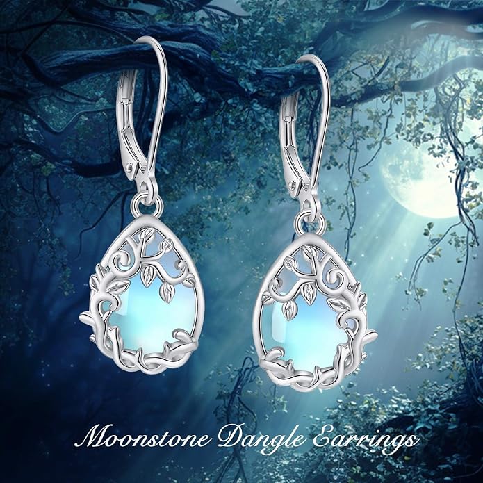 Vito 925 Sterling Silver Teardrop Earrings for Women, Moonstone Turquoise Drop Dangle Earrings Cat Snake Turtle Tree of Life Leverback Earrings Boho Jewelry Gift for Mom Wife