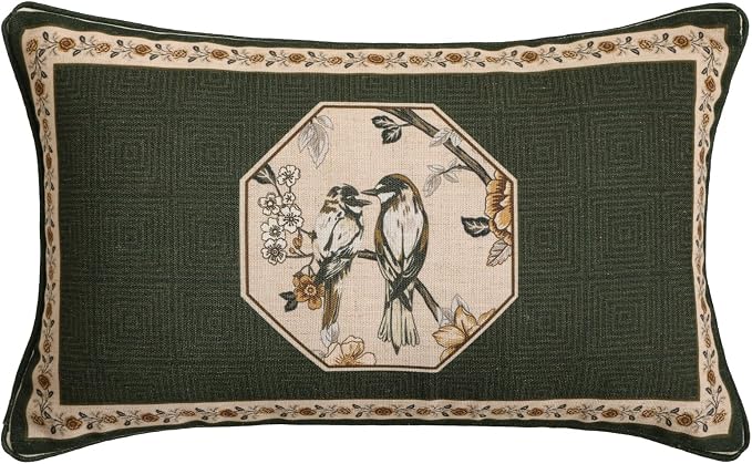 ISAENNE Vintage Elegant Linen Rectangle Throw Pillow Cover,20"x12"-Murad E | Designer French Green Pillow Cover,Concealed Zipper Design,Floral and Bird Pattern,Sofa,Bedroom,Living Room,Lounge Chairs