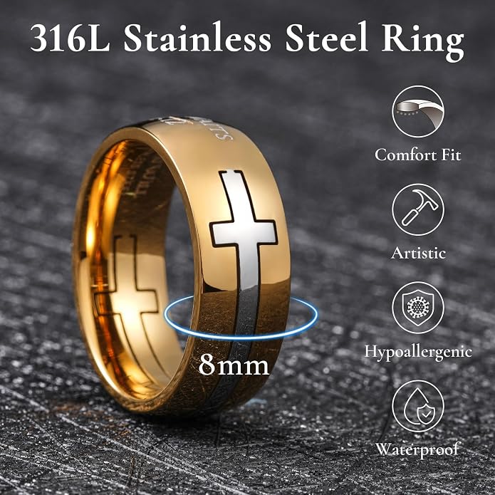 King Will Stainless Steel Men Ring Lord's Prayer Cross Ring Stainless Steel Men Wedding Ring, Wedding Band Bible Engraved Rings High Polished, Comfort Fit