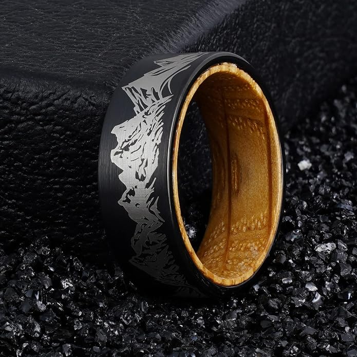 Forest Rings for Men 8 mm Black Plated Wedding Band with Wood Liner Comfort Fit