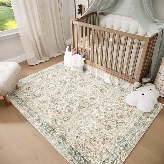 Washable 2x3 Entryway Rug, Boho Vintage Non-Slip Door Mat, Beige/Grey | 0.3" Neutral Throw Small Rugs for Bedroom Kitchen Nursery Entrance, Cushioned for High-traffic Area