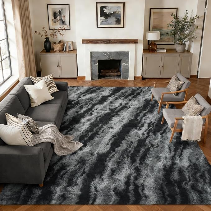 10x14 Extra Large Shaggy Area Rugs for Living Room Decor, Non-Slip Tie-Dyed Rugs for Bedroom Kids Playroom Dorm Room, High Pile Ultra Soft Carpet, Black