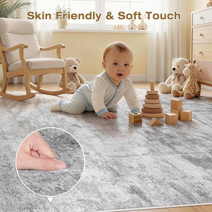 cotiled 8x10 Area Rugs Abstract Soft Non Slip Washable Living Room Rug | Stain Resistant, Robot Vacuum & Pet Friendly, Low-pile, For Living Room, Bedroom, Dining Table, Nursery Grey