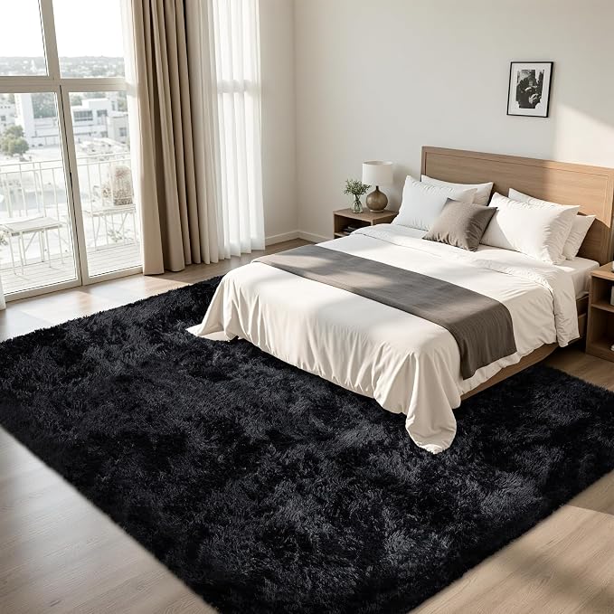 9x12 Area Rug for Living Room:Ultra Soft Fluffy Shag Black Rugs,Large Fuzzy Plush Indoor Non Slip Carpet Washable Rug for Bedroom Kids Nursery Office Dorm Modern Decor(Black 8'x10')