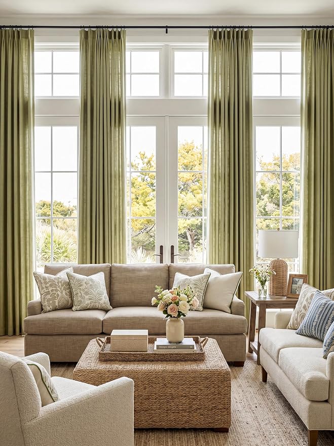 Liz Pinch Pleated Linen Curtains Light Filtering Curtains for Living Room, Farmhouse Window Curtains for Bedroom, Modern Drapes with Hooks and Rings, 95 Inches Long, Olive Green, 2 Panels Set