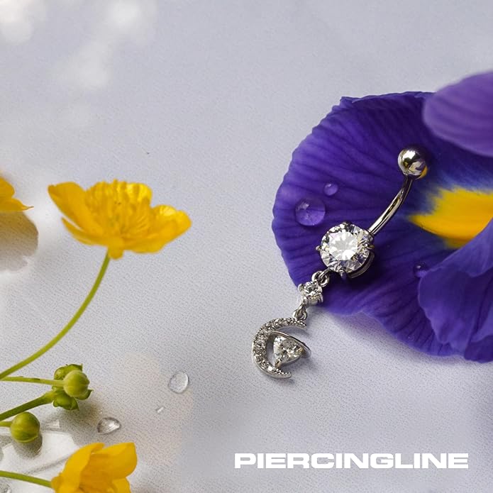 PIERCINGLINE Belly Button Piercing CRYSTAL MOON + CRYSTAL HEART surgical steel, skin-friendly