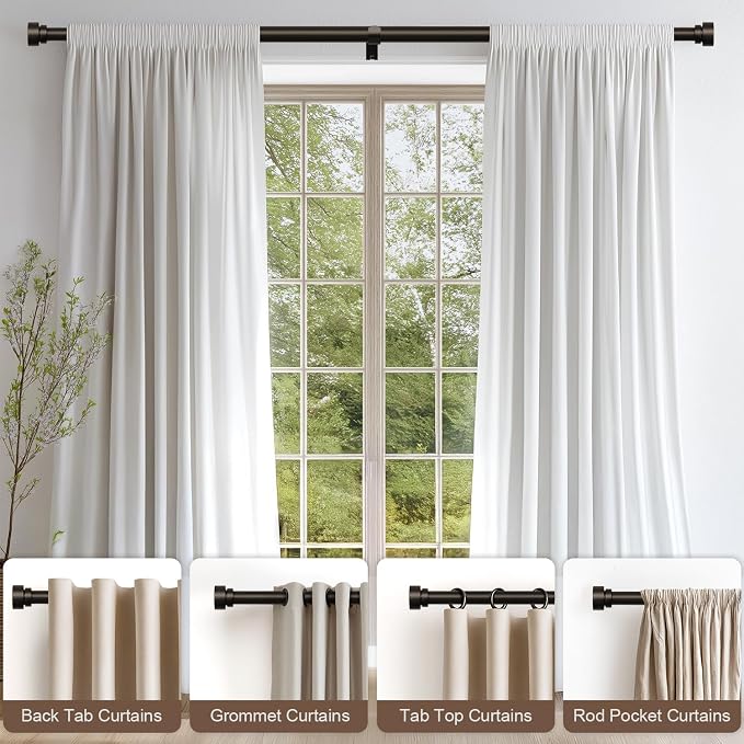 Lootkell 2 Pack Modern Brown Curtain Rods Set for Windows 28 to 48 Inches Adjustable Length Heavy Duty 1" Diameter Window Curtain Rod with Decorative Finials for Outdoor Bedroom Kitchen Living Room