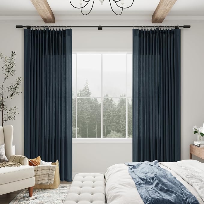 Aersas Pinch Pleated Vintage Blue Linen Curtains 90 Inches Long for Living Room 2 Panel Set Pleat Semi Sheer Back Tab Dark Blue Drapes Kids Room Modren Curtain for Bedroom Window, 40 Inch x 90 Inch