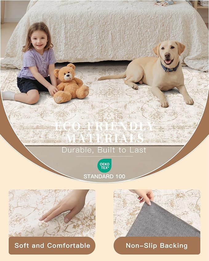 Madane 5x7 Area Rugs for Living Room, Washable Vintage Natural Rug with Non-Slip Backing, Soft Floral Print Throw Rugs Floor Low Pile Carpet for Bedroom Dining Room Farmhouse (5 x 7, Wood/Ivory)