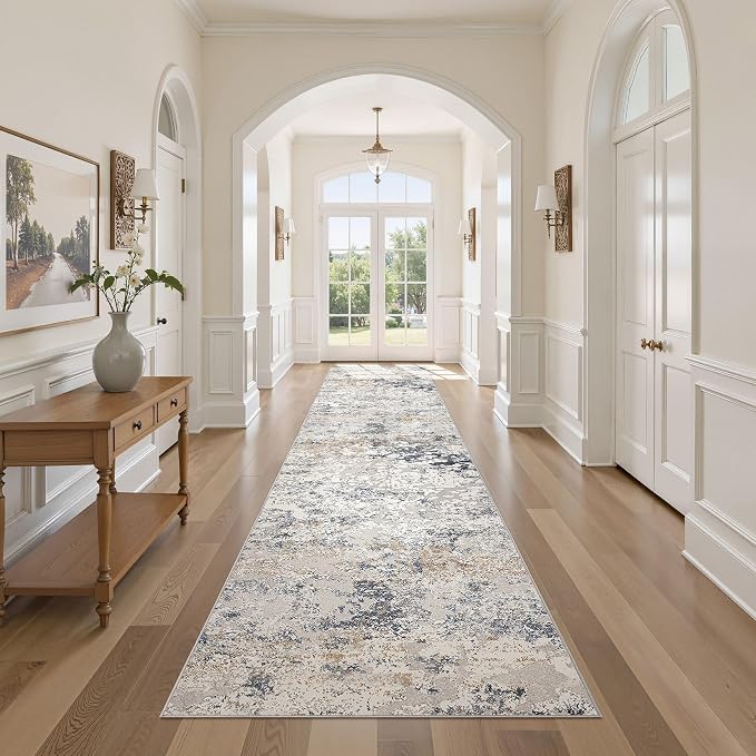 DMOYEST Washable Runner Rug for Hallway: 3x12 Neutral Modern Abstract Low Pile Area Rug with Non-Slip Backing - Carpet for Bedroom Kitchen Laundry Entryway Bathroom Indoor -Beige Blue