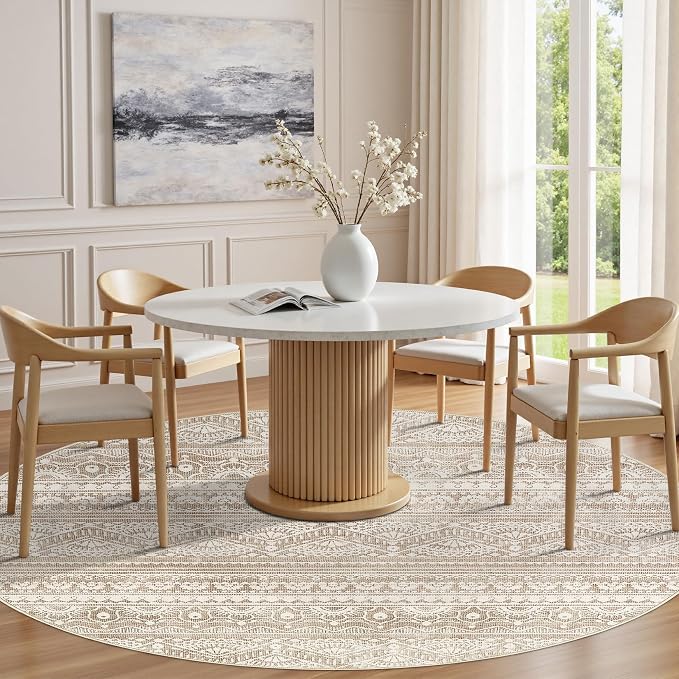 Tortania 5' Round Area Rug Living Room Rugs - Washable Large Soft Neutral Boho Moroccan Bohemian Farmhouse Rug Indoor Floor Carpet for Bedroom Under Dining Table Home Office Decor - Light Brown
