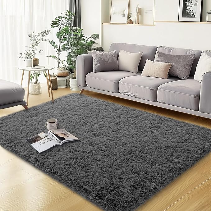 qulint 3x5 Rug for Bedroom, Dark Grey Fluffy Modern Rug for Living Room | Fuzzy Shag Small Carpet, Plush Shaggy Modern Alfombras for Nursery Dorm Kid Room Classroom Home Decor