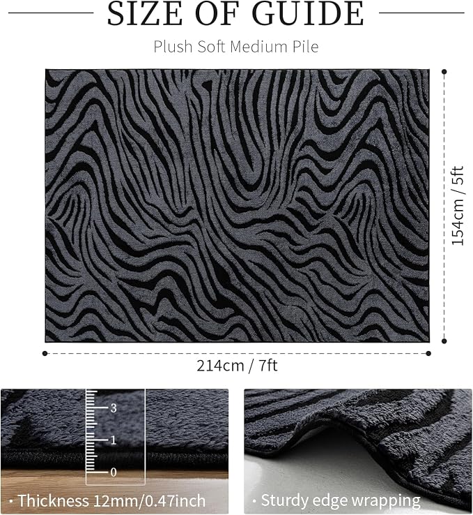 YIHOUSE 5×7 Ft Zebra Area Rugs Black and Grey: Washable Nonslip Plush Soft Rug for Living Room - High-Low Striped Carpet for Bedroom Dining Room Office Playroom Nursery Home Decor