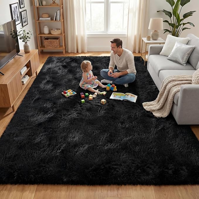 Fluffy Rugs for Living Room: Black Soft Shag Rug for Bedroom, Large Fuzzy Plush Indoor Carpet Non Slip Modern Rug for Nursery Kids Room Dorms Office Home Decor, 7x10 Feet