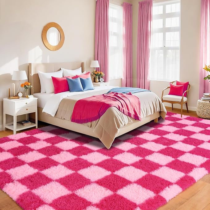 Pionblank Checkered Rug for Living Room, Modern Soft Shag 6x9 Area Rugs, Plush Fuzzy Carpet for Bedroom Girls Boys Room Home Nursery Teens Dorm Decor, Hot Pink
