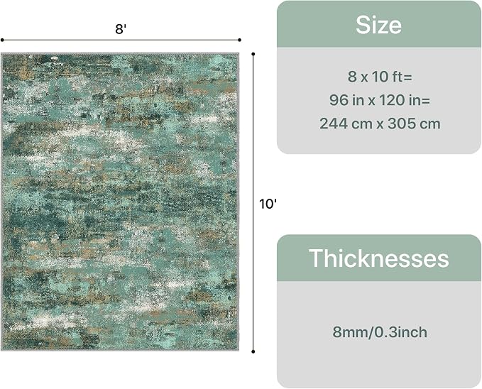 GENIMO Area Rug 8x10 Washable Large Modern Rug Abstract, Low Pile Lightweight Soft Carpet Non Slip for Living Room, Bedroom, Dining Room, Teal Blue Green Orange Turquoise Colorful Rugs