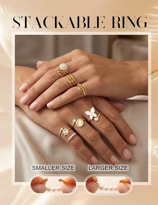 FIBO STEEL Fidget Anxiety Rings for Women - 8Pcs 14K Gold Plated Spinner Adjustable Rings Stress Relief Open Ring Stacks CZ Sun flower Butterfly Bead Evil Eye Non Tarnish Ring Set
