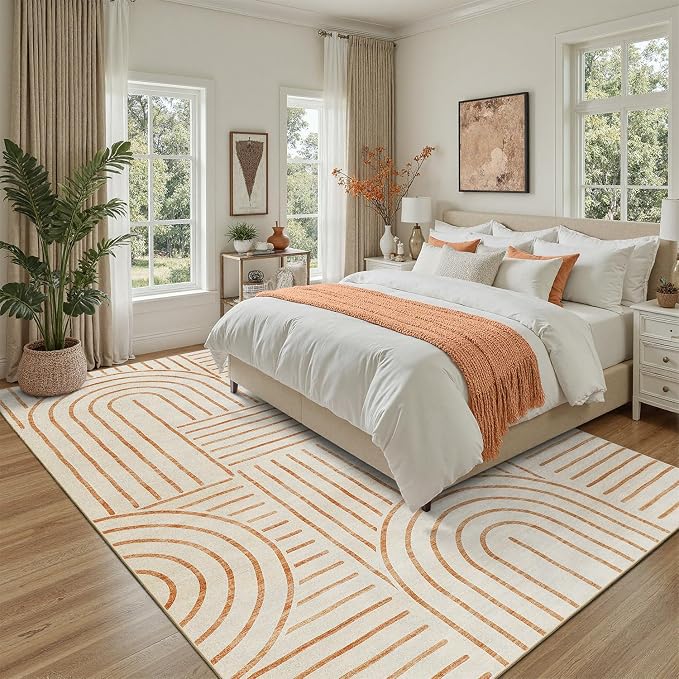 DCX Beige Machine Washable 8x10 Area Rugs, Midcentury Modern Non Slip Stain Resistant Rug 8x10 for Living Room, Playroom, Dining Room, Soft Low Pile Large Carpet