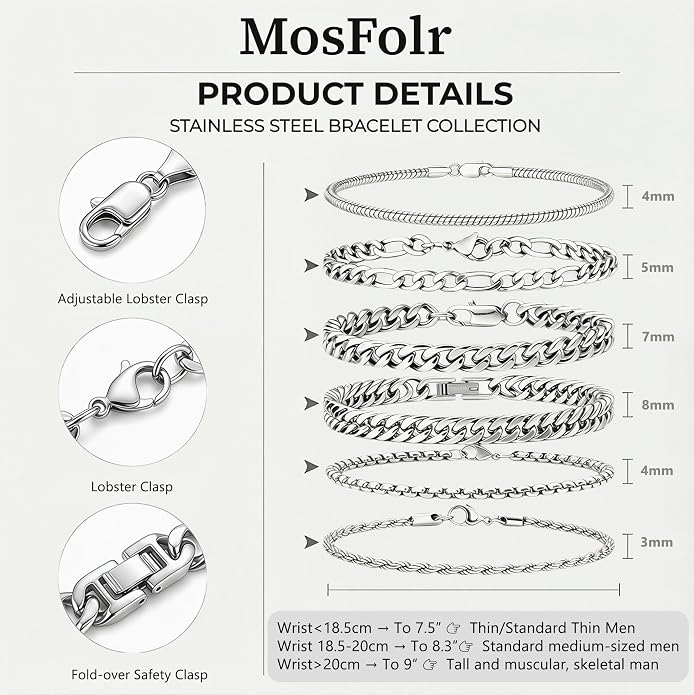 6 Pcs Silver/Gold Bracelets for Men, Cuban Link Chain Stainless Steel Bracelet Stack Metal Figaro Rope Black Bracelet Set Mens Fashion Accessories Jewelry Set for Men Dad Husband Son 7.5/8.3/9 Inches
