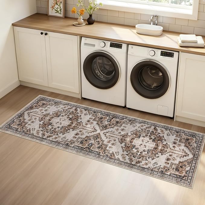 Joydeco Washable 2x5 Hallway Runner Rug Vintage, Blue Grey&Light Coffee | Water Resistant Low Pile Non Slip Backing for Kitchen Entryway Bedroom Bathroom Dining Room