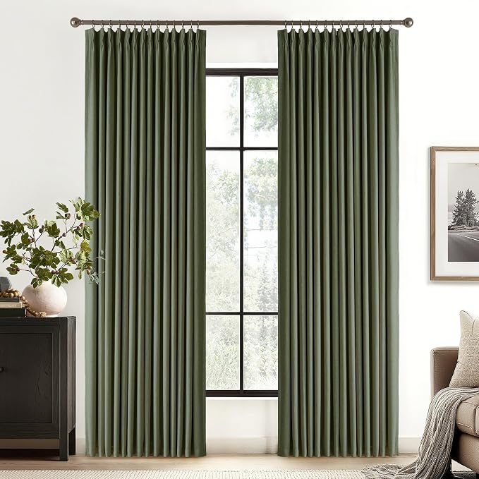 RYB HOME Linen Blackout Curtains 96 inches Long, 100% Blackout Noise Reducing Thermal Insulated Natural Textured Curtains for Farmhouse Dining Room, Olive Green, 40" W x L96 L, 2 Panels Set