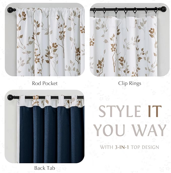 Beauoop Floral 100% Blackout Curtains for Bedroom Tan Brown 52X63 2 Panels | Flower Patterned Brown White Room Darkening Drapes for Living Room Thermal Soundproof Window treatment Rod Pocket