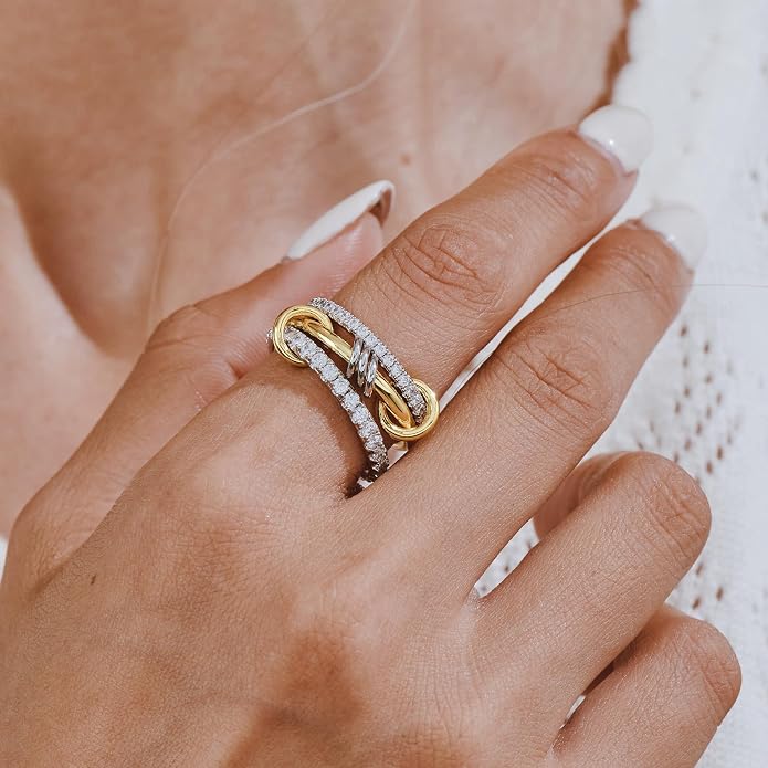 AllenCOCO 14K Gold Plated Stackable Rings, 3 Ring Set with CZ Cubic Zirconia, Gold & Silver Stacked, Interlocking Band for Women Statement