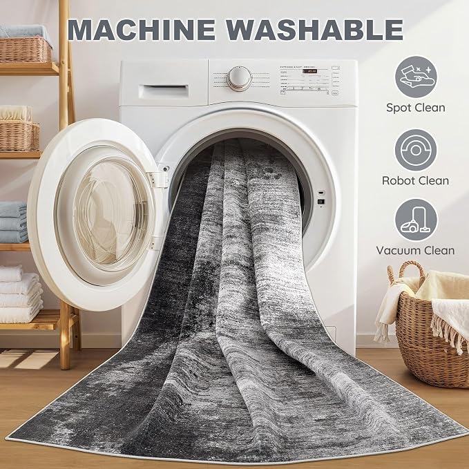 DMOYEST 8x10 Area Rug for Living Room, Washable & Non Slip Large Indoor Carpet, Kid & Pet Friendly Soft Thin Low Pile Abstract Rug for Bedroom and Office - Dark Grey Blue