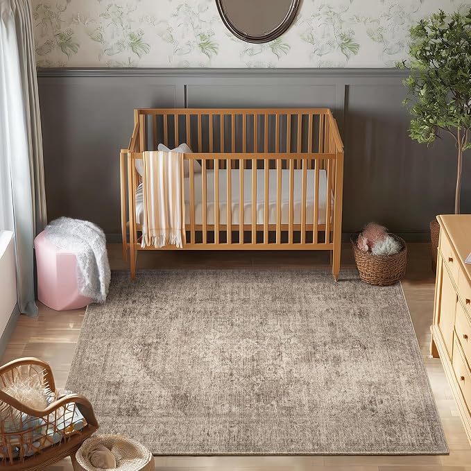Machine Washable Rugs for Living Room: 5x7 Area Rugs for Bedroom Ultra Soft Non-Slip Low Pile Vintage Distress Boho Large Carpet for High-Traffic Dining Room - Farmhouse Decor