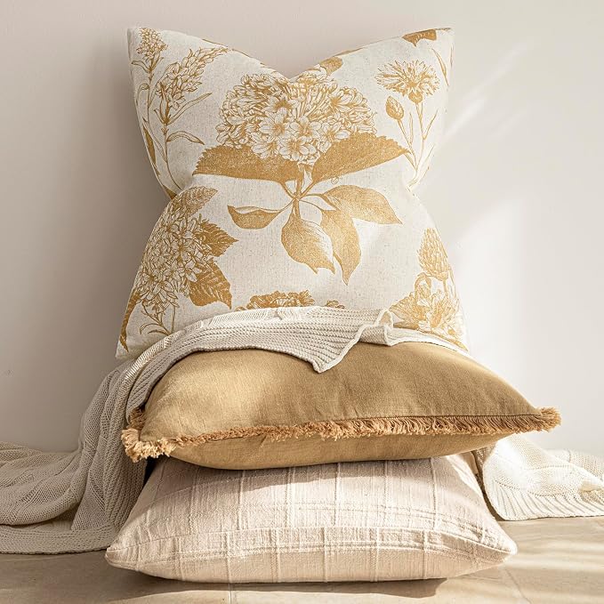 Foindtower Set of 2 Linen Floral Vintage Throw Pillow Covers Neutral Accent Print Decorative Cozy Cushion Covers Farmhouse Home Decor for Sofa Chair Couch Bed Living Room,24×24 Inch,Light Yellow
