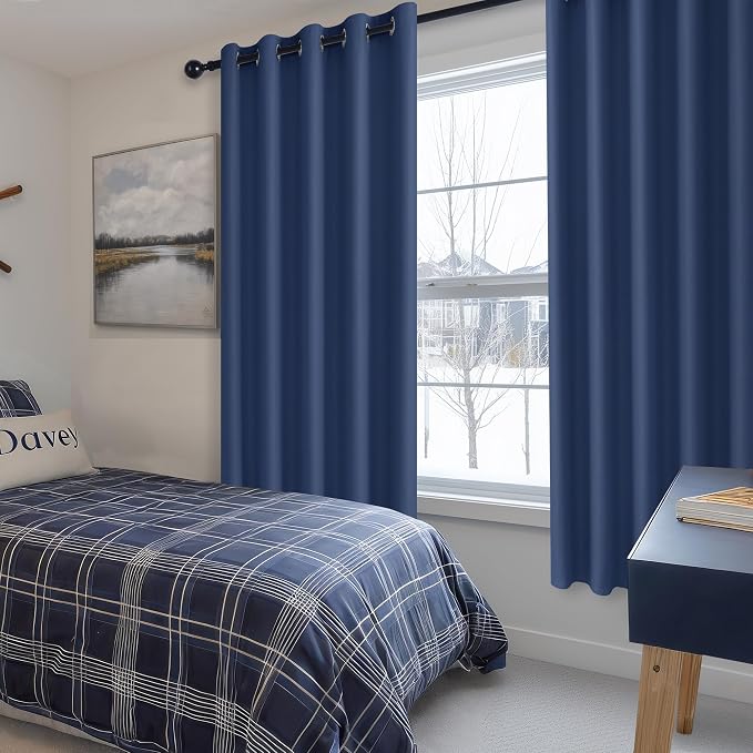 Hiasan Room Darkening Curtains for Bedroom, 60 x 72 Inches - Thermal Insulated & Energy Saving Window Drapes for Living Room/Dorm Room, Set of 2 Panels Sewn with Tiebacks, Navy