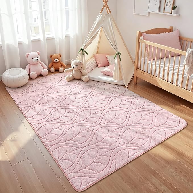 Macgace Soft Area Rug for Girls Bedroom, 4x6 Pink Geometric Shag Rugs | Washable Non-Slip Backing Medium Pile Modren Fuzzy Carpet for Kids Room, Classroom, Living Room, Dorm