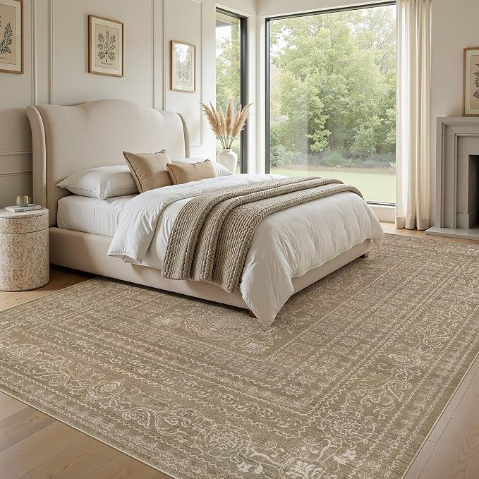 Nakagishi 7x9 Area Rugs Living Room: Washable Large Vintage Rug Neutral Non-Slip Soft Stain Resistant Indoor Carpet for Bedroom Nursery Dining Room Office Playroom - Dark Brown