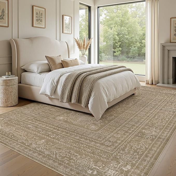 Nakagishi 5x7 Area Rugs Living Room: Washable Large Vintage Rug Neutral Non-Slip Soft Stain Resistant Indoor Carpet for Bedroom Nursery Dining Room Office Playroom - Dark Brown