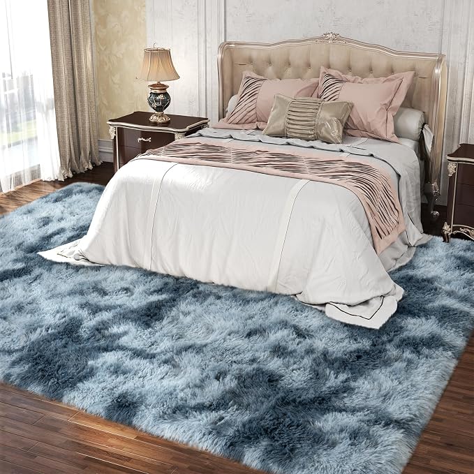 8x10 Area Rugs for Living Room, Dark Blue Tie-Dyed Plush Fluffy Carpet | Upgrade Non-Slip Thick Large Blue Area Rug for Nursery Kids Room Dorm Room Home Decor, Indoor Plush Floor Carpet
